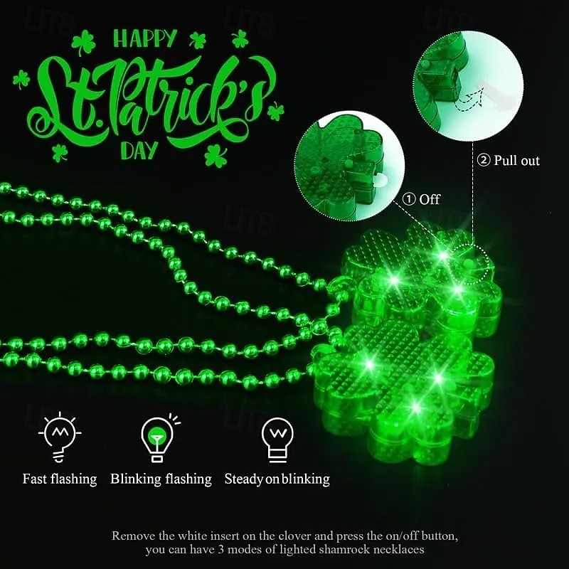 2 Pcs St. Patrick's Day Irish Shamrock LED Light-Up Bead Necklace, Party Celebration, Festival Decoration, Green Shamrock Necklace for Holiday, Event, and Party Accessories 2026 - $8.49 –P3