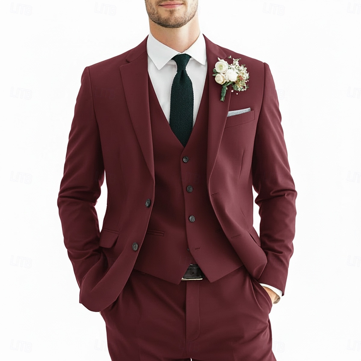 Herren Trauzeugen Anzüge Strandhochzeit Frühlingshochzeit Schwarz Burgunderrot Frühling & Sommer Anzug Gekerbtes Revers Party Geschäftlich Einfarbig Schmale Passform 3-teilig Einreihige 2026 - $119.99 –P6