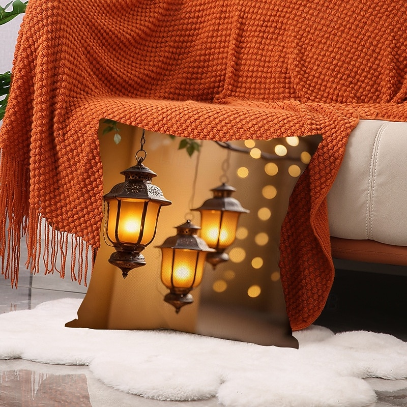 Capa de almofada decorativa para o Ramadã e Eid, lua crescente dourada &Almofada de sofá em estilo étnico com estampa de lanternas, decoração para festivais do Oriente Médio, ideal para sala de estar de 2026 por $13.99 –P8