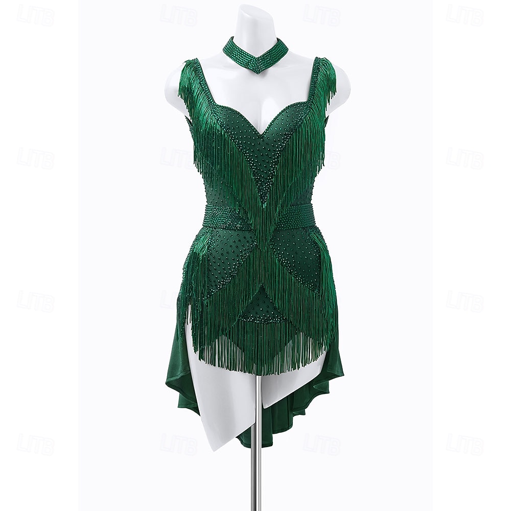 Women's Emerald Green Rhinestone Fringe Latin Dance Dress - Sweetheart Neck Asymmetrical with Choker Ballroom Performance 2026