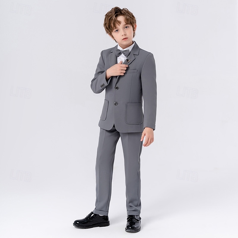 Costume 5 pièces pour garçon d'honneur, avec blazer. &gilet & pantalon  &Costume garçon avec cravate, tenue décontractée pour les fêtes en extérieur, style basique, bleu, beige, gris, polyester de 2026 ? $57.99 –P7