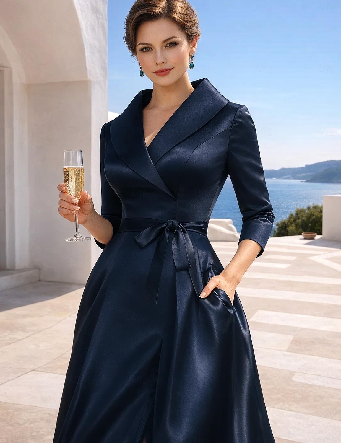 Jumpsuit Pantsuit Ankle Length Mother of the Bride Dress 3/4 Length Sleeve Shirt Collar Elegant Party Simple Formal Wedding Guest Satin with Bow(s) 2026 - $142.99 –P8