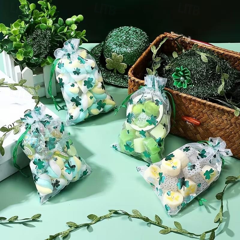 50PCS St. Patrick's Day Gift Bags, Green Shamrock Leaf Pattern Organza Bags for Jewelry, Party Favors, Two Sizes 3.9x5.9 Inch & 5x7 Inch 2026 - $19.99 –P2