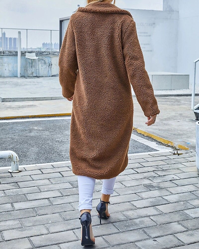 Women's Winter Coat Teddy Coat Coat Windproof Warm Patchwork Buttons Elegant Fashion Casual Plain Daily Outdoor Street Long Lapel Regular Fit Long Sleeve Outerwear Coffee Fall Winter 2026 - $74.99 –P4