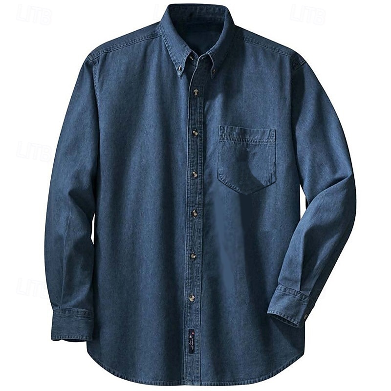 Camisa vaquera para hombre, azul oscuro, manga larga, lisa, con cuello vuelto, para vacaciones, uso diario, con bolsillo delantero, ropa de mezclilla, moda informal 2026 - $34.99 –P1