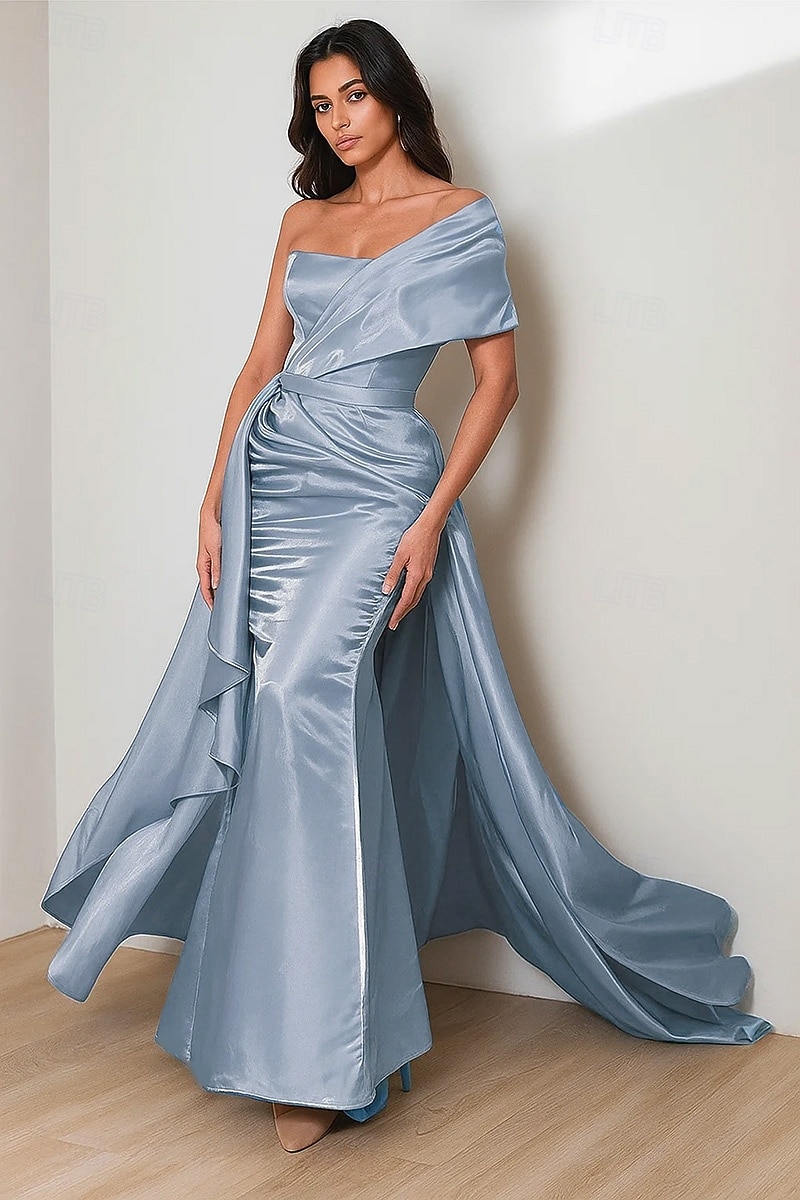 Ball Gown A-Line Floor Length Evening Gown Elegant Celebrity Style Red carpet Sleeveless One Shoulder Garden Party Wedding Satin with Pleats
