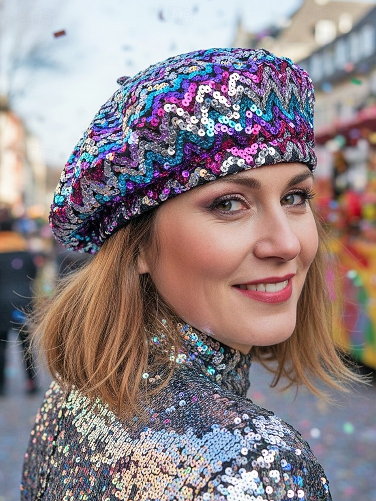 Beret de lentejuelas de Mardi Gras para mujeres en múltiples colores material de poliéster perfecto para carnaval y bailes de máscaras 2026 - $11.99 –P1