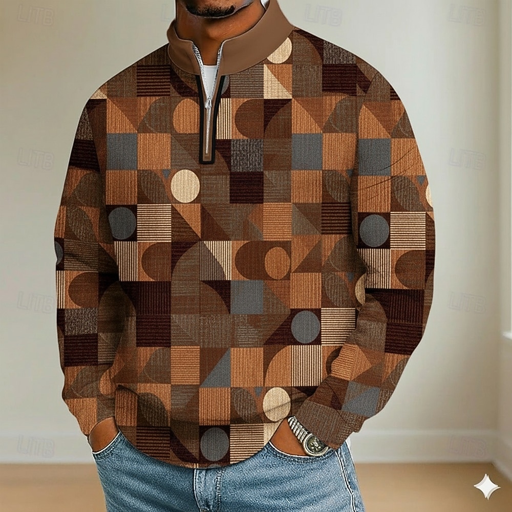 Per uomo Blocco di colori Geometrico Polo Manica Lunga Colletto Mao Casual Vacanza Athleisure Casual Quotidiano Stampa 3D Primavera Autunno Blu Marrone Grigio del 2026 a $22.99 –P2