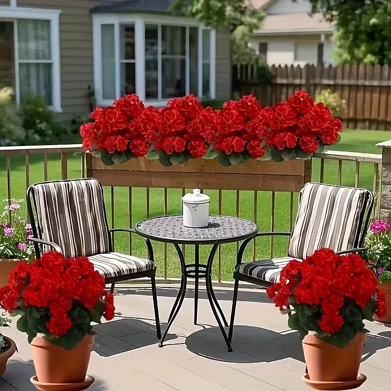 6 větví, kytice z umělých pelargónií odolných proti UV záření, 30 stonků/větví, zářivě červené květy s bujným zeleným olistěním, realistická plastová dekorace do interiéru/venkovního prostředí, 2026 - $25.99 –P5