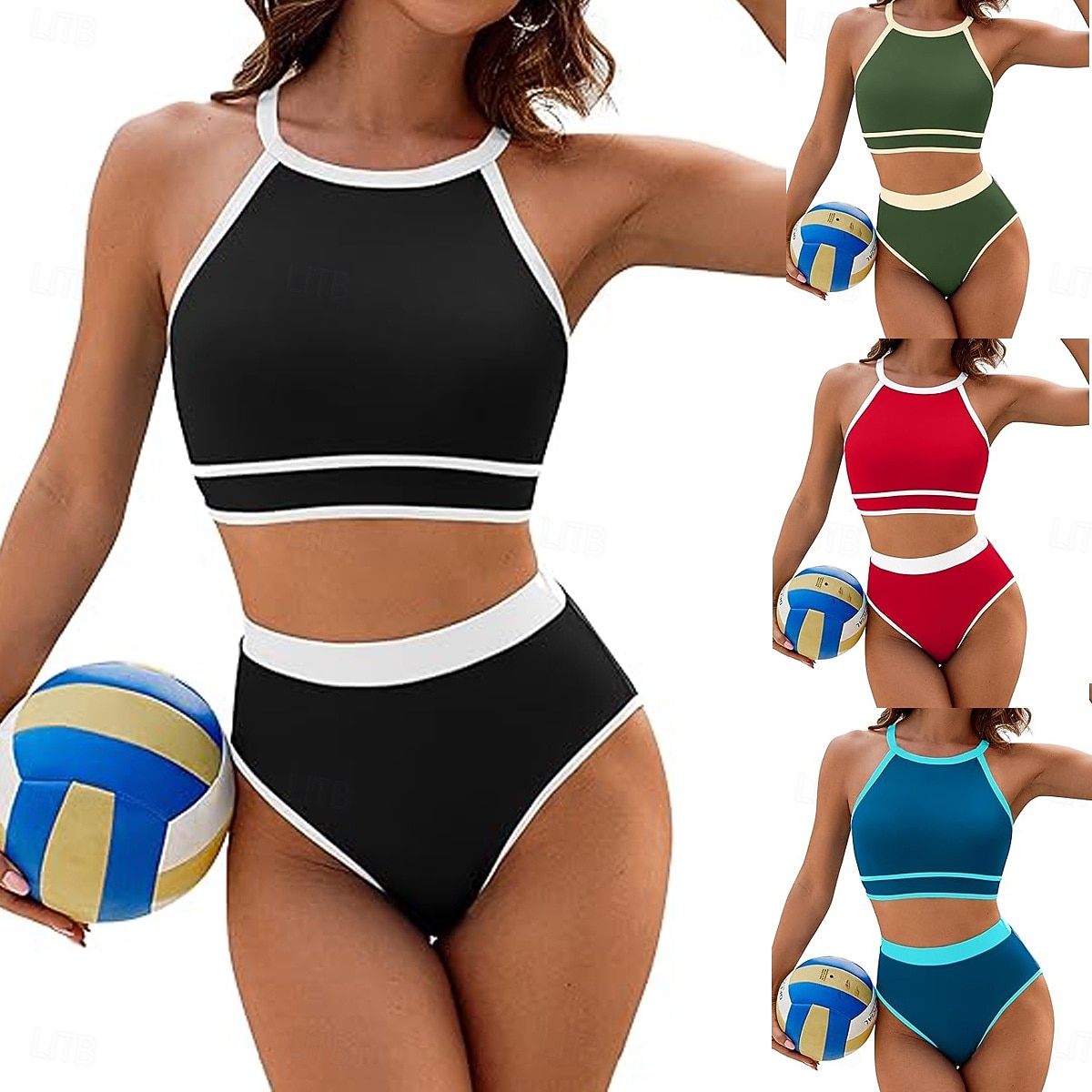 Dámské bikini dvoudílné plavky barevné bloky slipové štíhlé bez zad dovolená plážové oblečení pruhovaný halterneck bez rukávů 2026 - $24.99 –P1