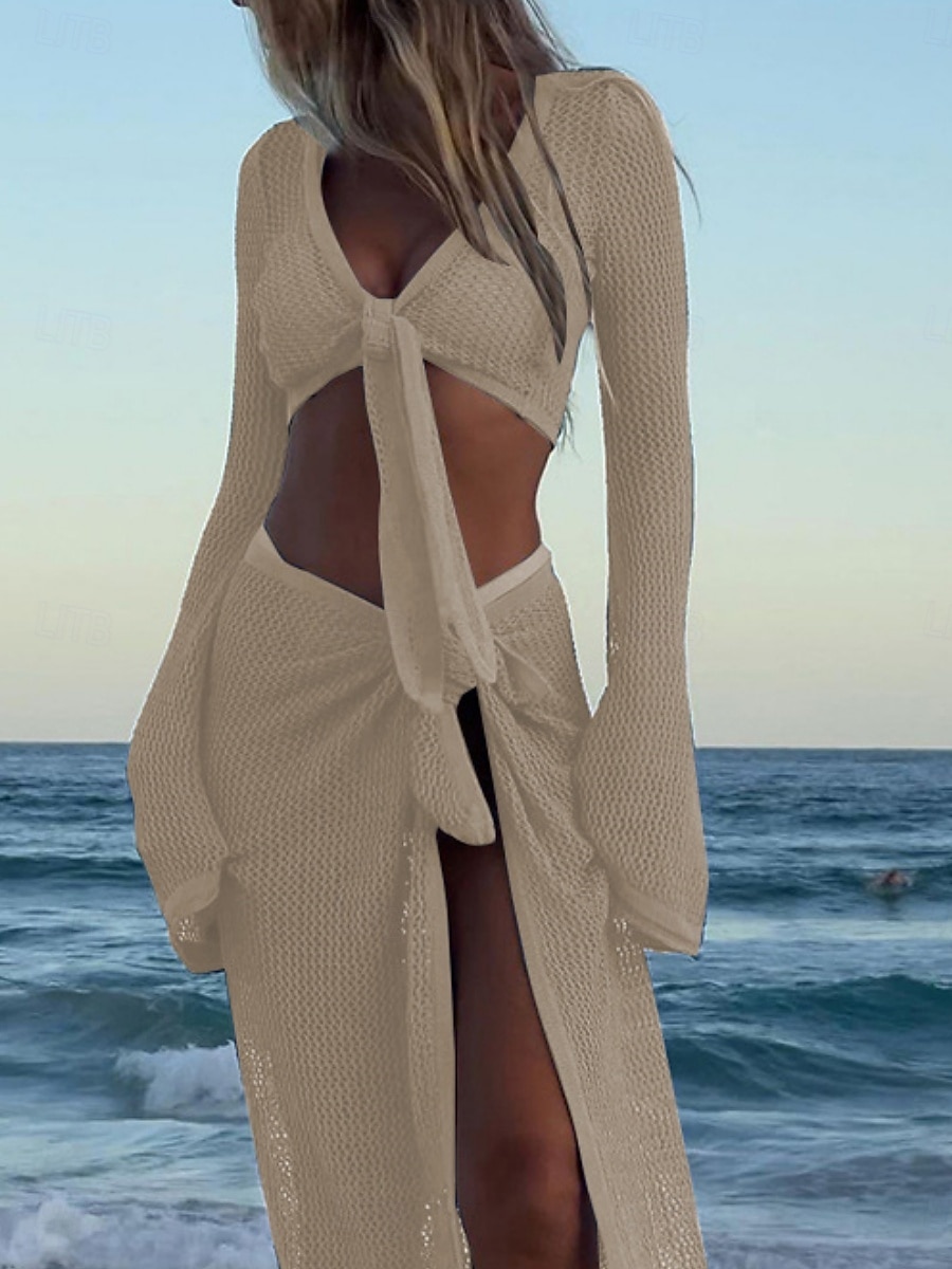 Жен. Купальники Накидка 2 шт. купальник Трикотаж Отпуск Одежда для пляжа Сплошной цвет V-образный вырез Длинный рукав Купальники 2026 - $41.99 –P12