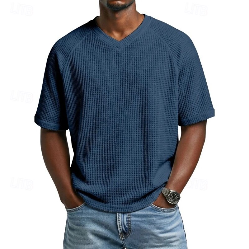 Men's Waffle T-shirt T Shirt Short Sleeve Shirt Tee Top Short Sleeve V Neck Summer Spring Solid Color Vintage Streetwear Stylish Raglan Sleeves Daily Outdoor Vacation Blue Army Green Dark Blue Top 2026 - $20.99 –P7