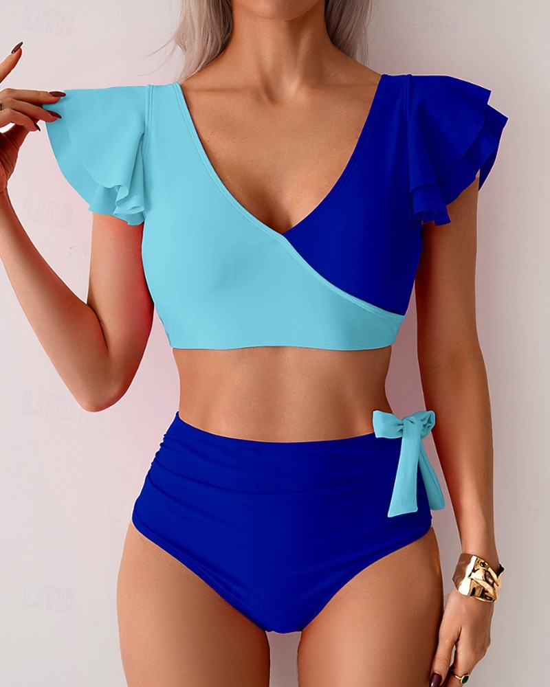Γυναικεία Μαγιό 2 κομμάτι Προκλητικό Μαγιό Σουρωτά Κουρελού Εξώπλατο Διακοπές Ρούχα παραλίας Συνδυασμός Χρωμάτων Λαιμόκοψη V Αμάνικο Μαγιό 2026 - $25.99 –P12
