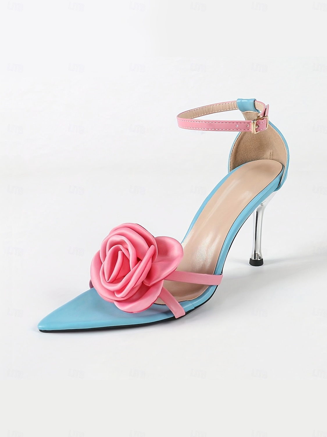Dámské květinové sandály na jehlovém podpatku - modré &růžové podpatky s růžovými růžemi, elegantní zahradní styl, ideální pro outfity svatebních hostů při venkovních obřadech 2026 - $42.99 –P1