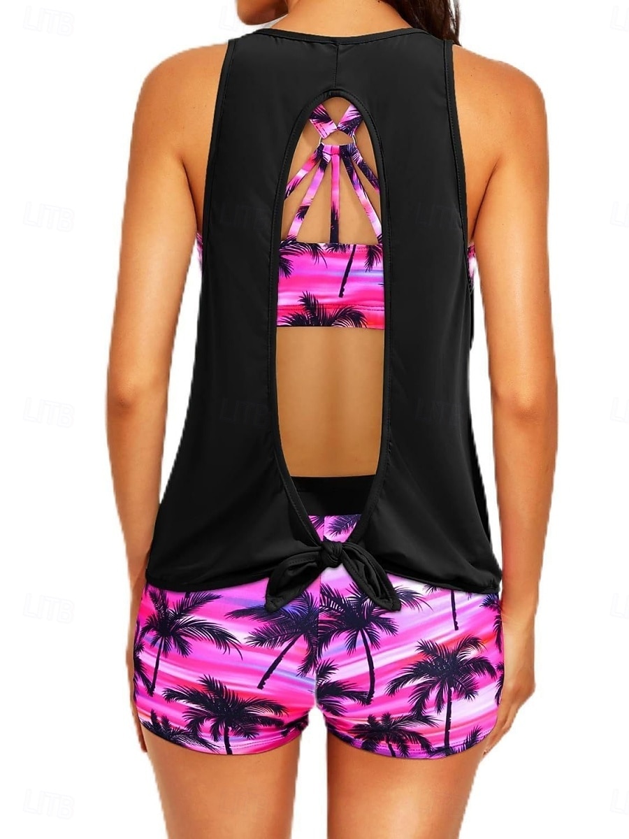 Costume da bagno a tre pezzi da donna tankini con pantaloni controllo pancia vita alta slim schiena scoperta vacanza mare con grafica floreale scollatura a U senza maniche del 2026 a $33.99 –P3