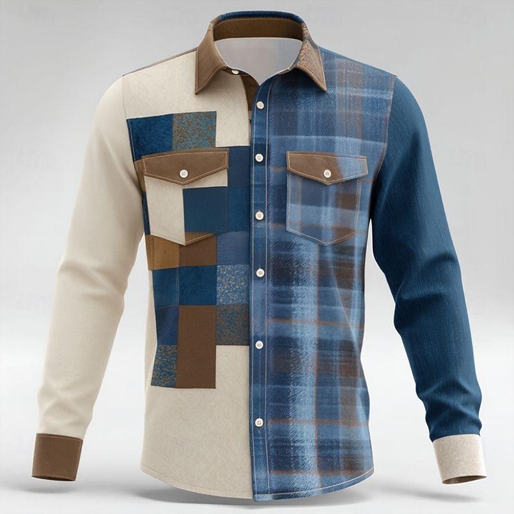 Men's Geometric Color Block Patchwork Shirt Button Up Shirt Long Sleeve Fashion Casual Outdoor Dailywear Spring Fall Turndown Front Two Pockets Linen Like Shirt Blue Brown Gray 2026 - $27.99 –P2