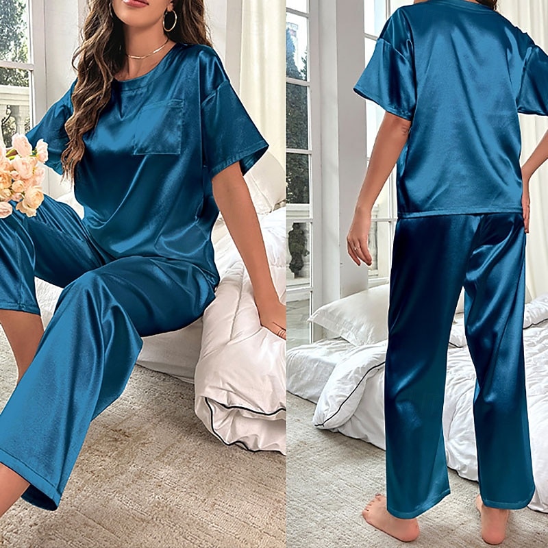 Mujer Ropa de salón Conjunto pijama Moda Casual Suave Color puro Retazos Pantalón Hogar Vacaciones Manga Corta Cuello Barco Azul Piscina Negro Vino Morado Caqui Verano Primavera Otoño Ajuste regular 2026 - $37.99 –P6