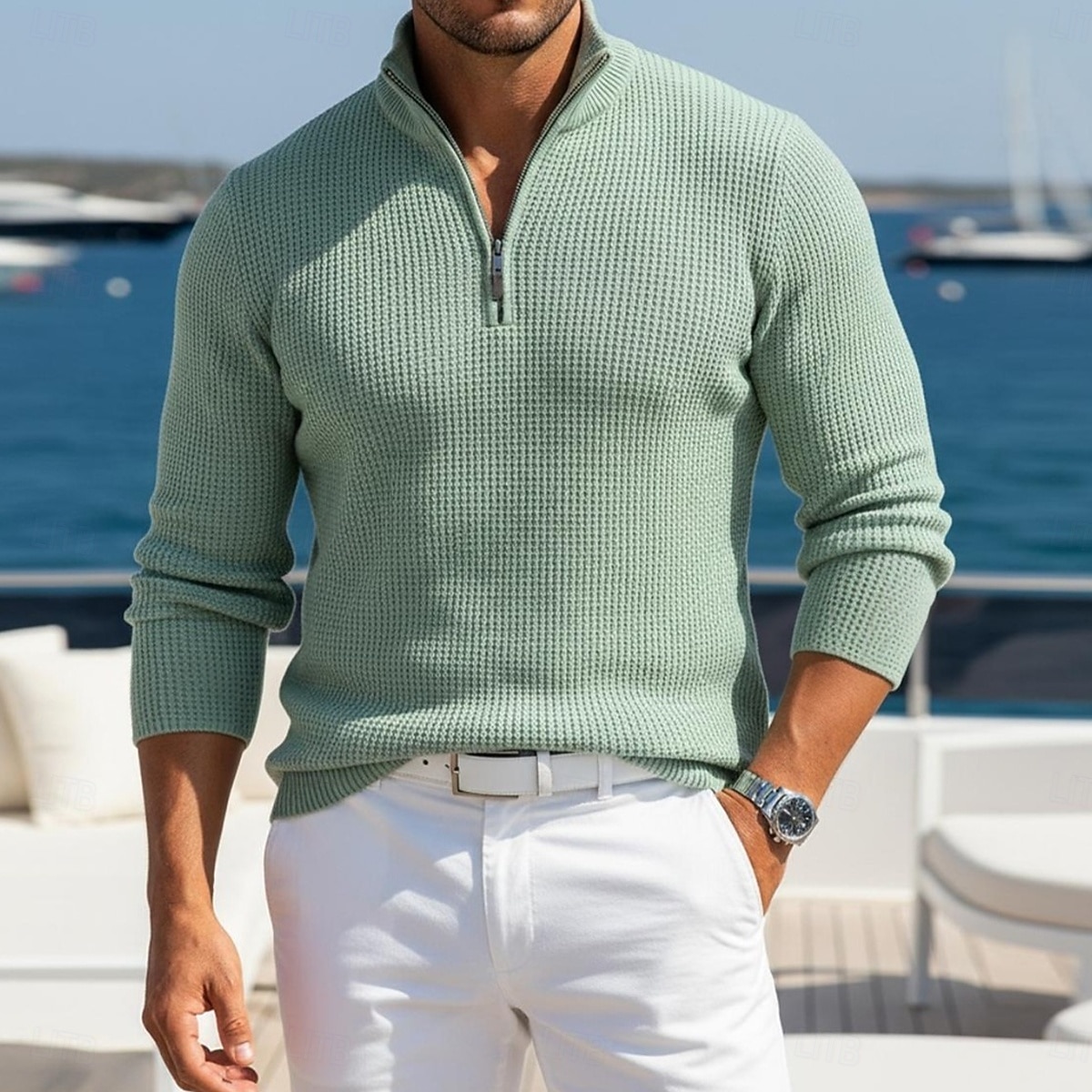 Voor heren Wafel Poloshirts Met Textuur Casual Buiten Kwart ritssluiting Lange mouw Modieus Modern Effen Kleur Effen Gebreid Herfst winter Zomer Lente Strak Donker Bruin Wit Wijn Marineblauw 2026 - $20.99 –P3