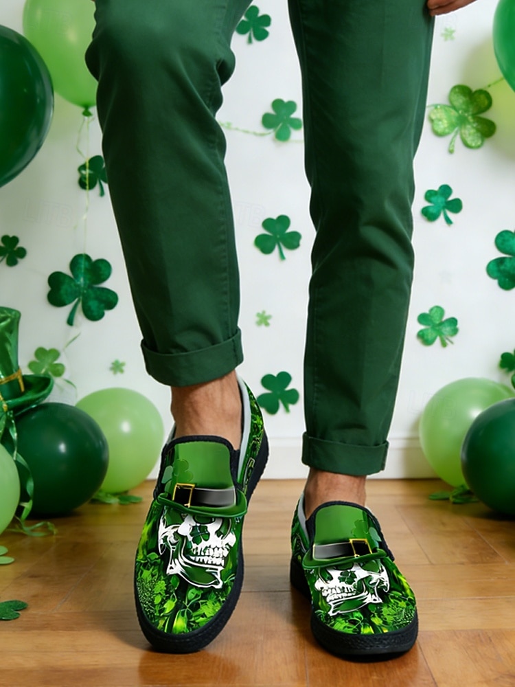 Ανδρικά πράσινα φλοράλ slip-on παπούτσια – μοναδικό σχέδιο με νεκροκεφαλή και τριφύλλι, άνετα και κομψά υποδήματα για την ημέρα του Αγίου Πατρικίου και casual γιορτές 2026 - $46.99 –P1