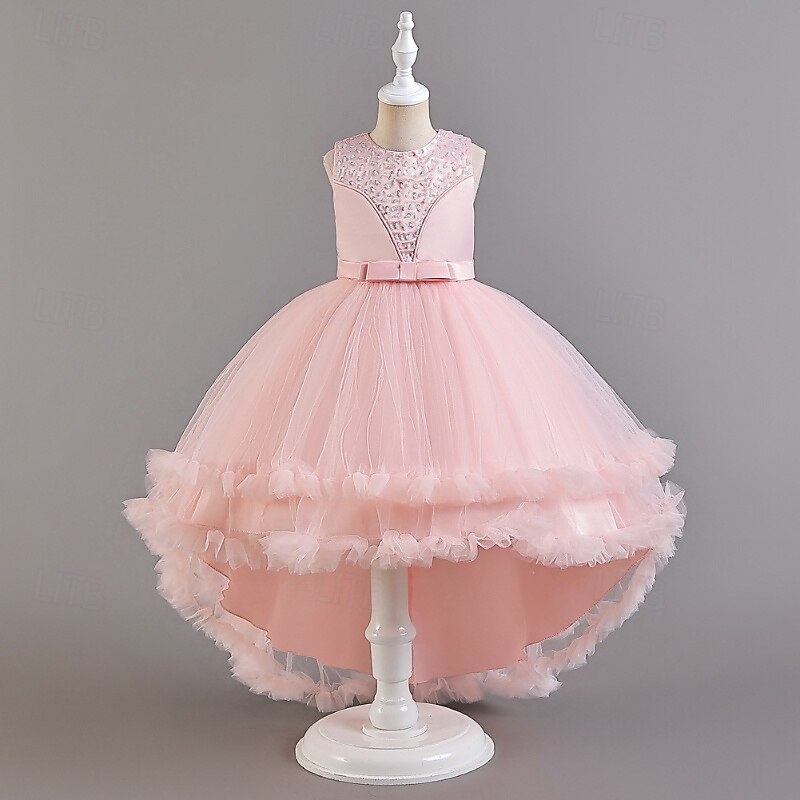 Bloemenmeisjesjurk, communiejurk, formele jurk voor meisjes, trouwkleding, feestkleding, formele mode voor bruiloften, schattige patchwork, mesh, effen kleur, mouwloos, ronde hals, geel, roze, 4 jaar 2026 - $51.99 –P17