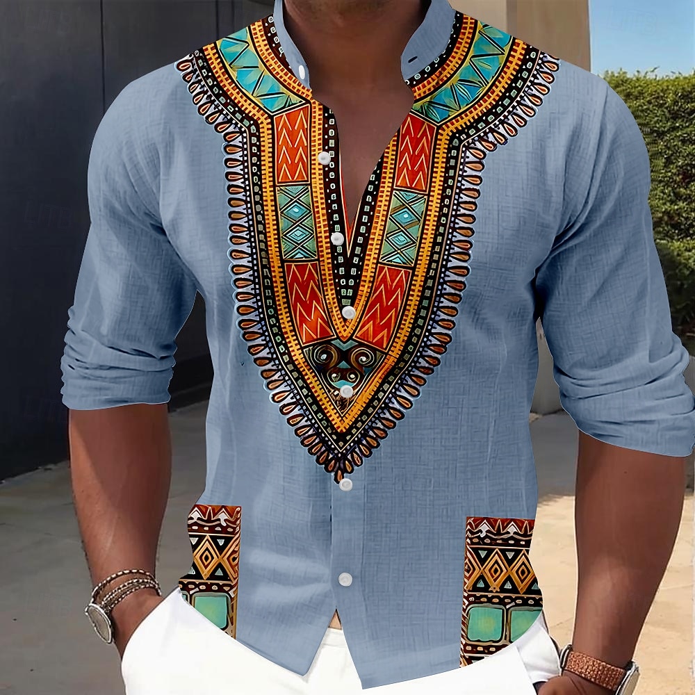 Homens Estampa Geométrica Étnico Cultura indiana Camisa Social camisa de botão Camisa de gola alta Manga Longa Vintage retrô Diário Ao ar livre Férias Primavera Outono Colarinho Mandarim Faixa de 2026 por $27.99 –P2