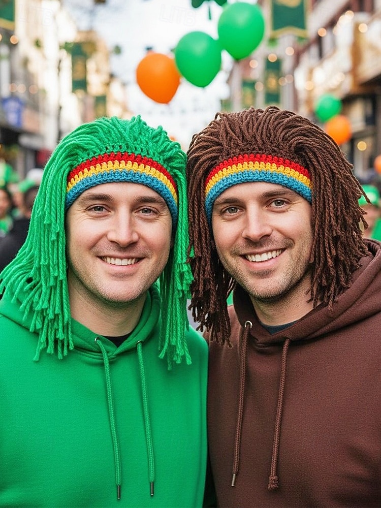 Herren-Perückenmütze aus Häkelgarn, mehrfarbiges Design mit grünen, roten und gelben Streifen, perfekt für den St. Patrick's Day und Kostümpartys 2026 - $14.99 –P1
