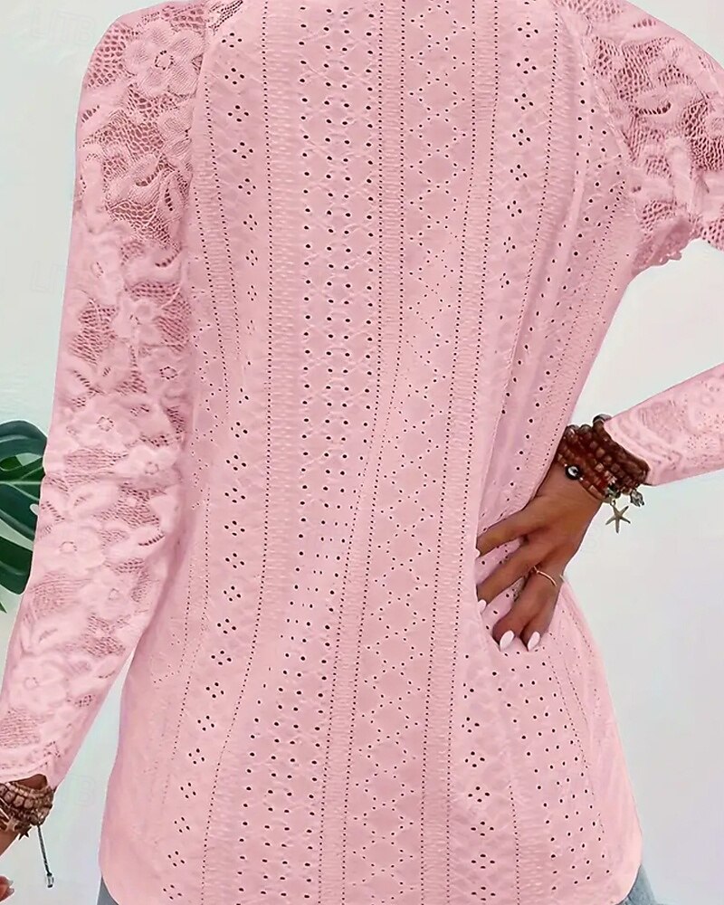 Mulheres Blusa Tops de renda Renda Patchwork Tecido Ativo à moda Manga Longa Decote V Tops regulares Diário Feriado Para Noite Branco Rosa Vinho Azul Claro Verão Primavera de 2026 por $21.99 –P9
