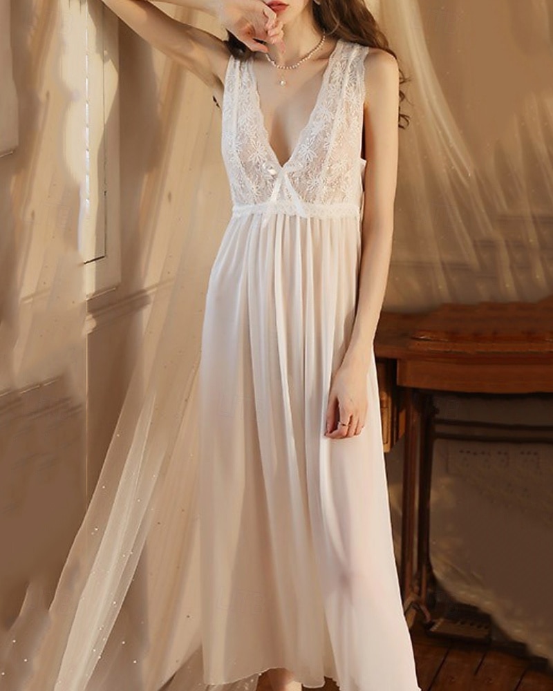 Dames Nachtjapon Casual Zacht Satijn Heldere kleur Lapwerk Netstof Dagelijks Huis Bed Mouwloos V-hals Zwart Wit Wijn Zomer Ruim Passend 2026 - $18.49 –P1