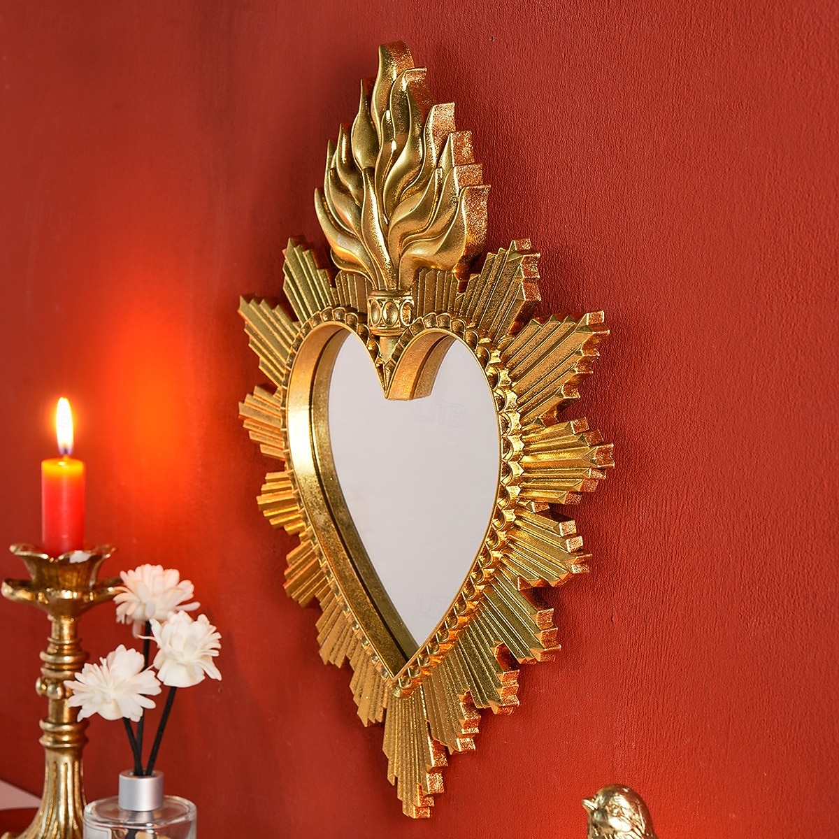 Wanddekor-Spiegel mit flammendem Herzmotiv, handgefertigter Hängeschmuck in Form eines flammenden Herzens, Wandkunst im europäischen Stil für Wohnzimmer, Schlafzimmer, Arbeitszimmer, religiöse 2026 - $33.99 –P3