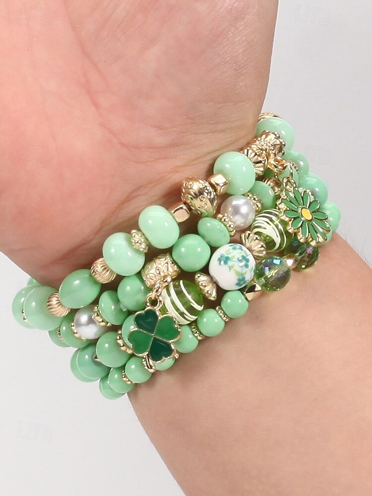 Conjunto de pulseiras femininas para o Dia de São Patrício, pulseiras empilháveis de várias voltas com contas verdes, estilo trevo da sorte, materiais de liga metálica e cristais sintéticos, joias festivas irlandesas para mulheres. de 2026 por $9.99 –P5