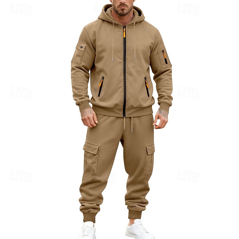 Men's Hoodie Tracksuit Hoodie & Pants Set Hoodie Daily Outdoor Vacation Daily Wear Drawstring Zip Up Plain Black Navy Blue Khaki Activewear Sports Fashion Fall 2026 - $54.99 –P11