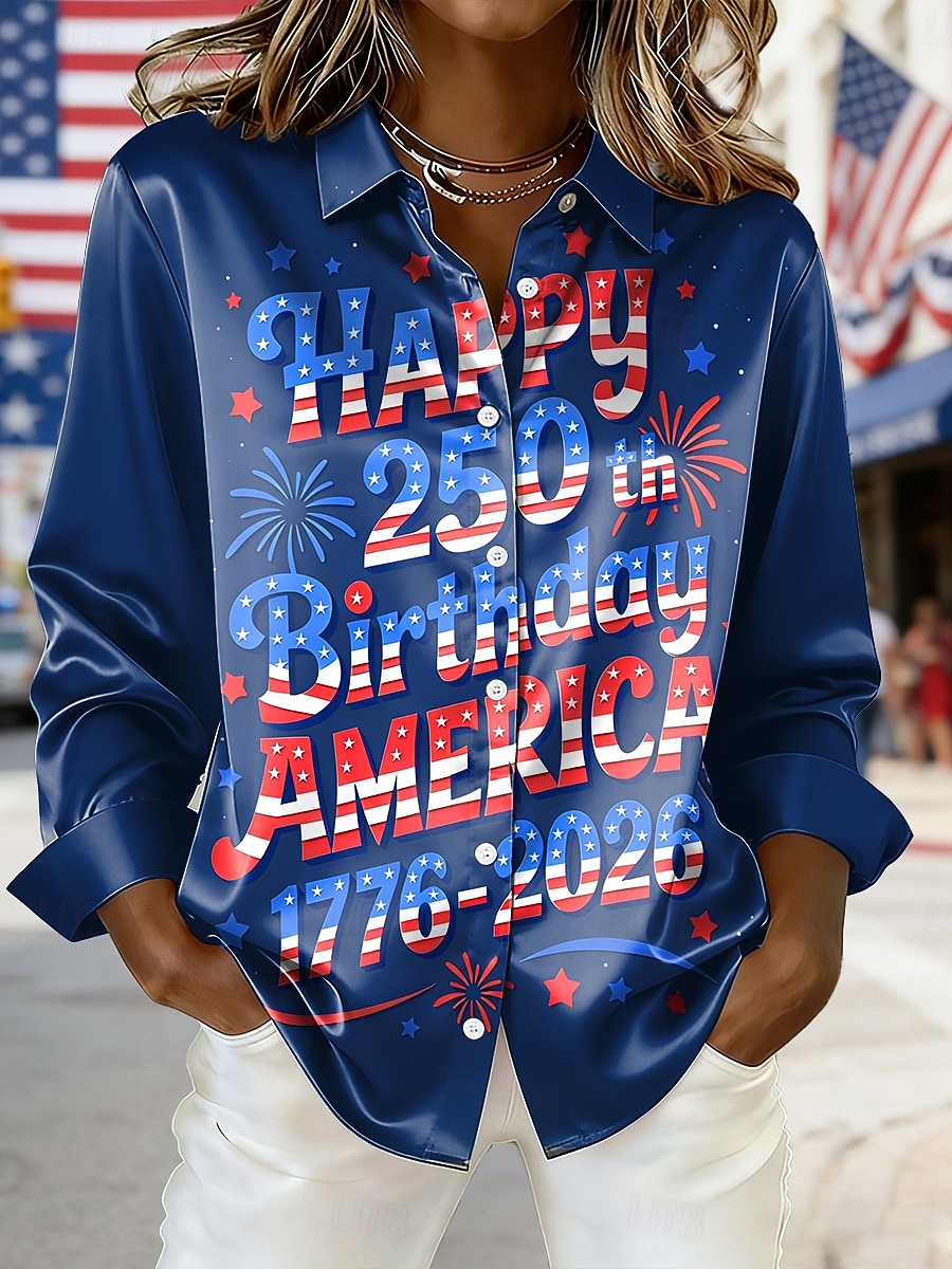 Giorno dell'Indipendenza Anniversario Americano Patriottico Camicia Donna Grafica Bandiera Vintage Elegante Moderna Manica Lunga Collo Camicia Top Regolari Stile Giornaliero Blu Bianco Estate del 2026 a $28.99 –P2