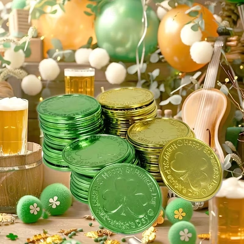 Złote monety na dzień św. Patryka - 100/200 sztuk złotych zielonych monet na szczęście, plastikowe monety koniczyna skrzat, moneta z 3-listną koniczyną do dekoracji i upominków na imprezę 2026 - $26.79 –P3