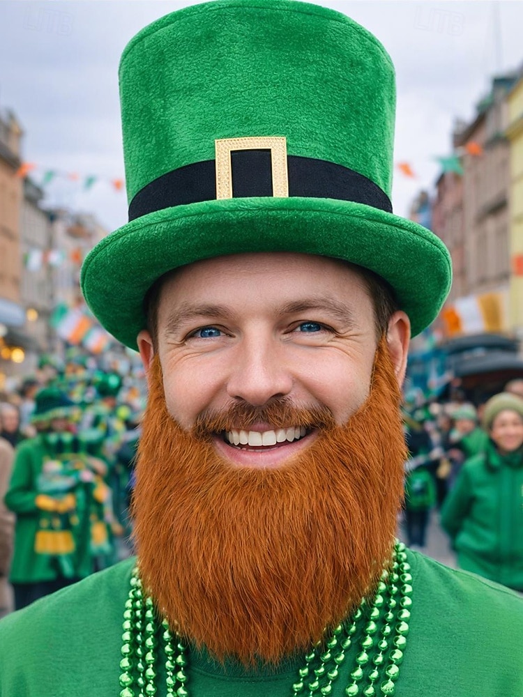 2026年 男性用の聖パトリックの日のレプラコーン帽子と偽のひげのセット、取り外し可能な偽のひげが付いた緑のアイルランドの衣装のトップハット、柔らかいポリエステル素材、パレード、パーティー、フェスティバルの衣装に使えるマルチカラーオプション  コレクション – $19.99 –P2