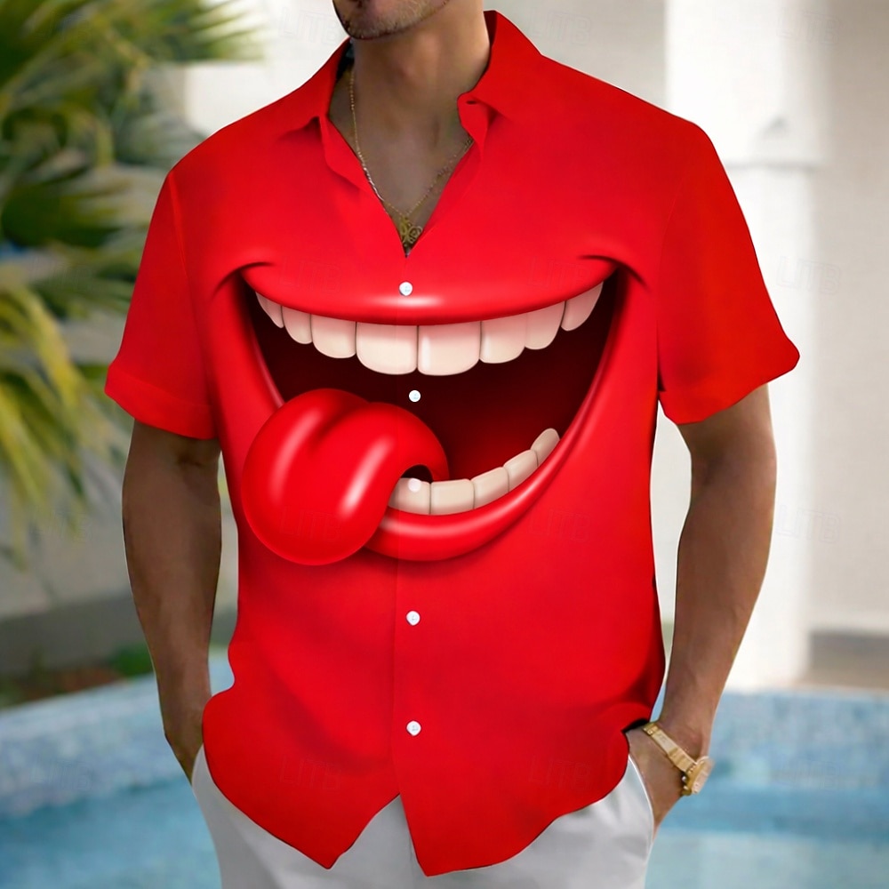 Pánské 3D tisk 3D  komiks Pusa Košile Letní košile Košile na knoflíky Krátký rukáv Legrační Streetwear Dovolená Léto Jaro Přehnutý 3D tisk košile s límečkem Jedna přední kapsa Tmavě červená Rubínov 2026 - $25.99 –P2
