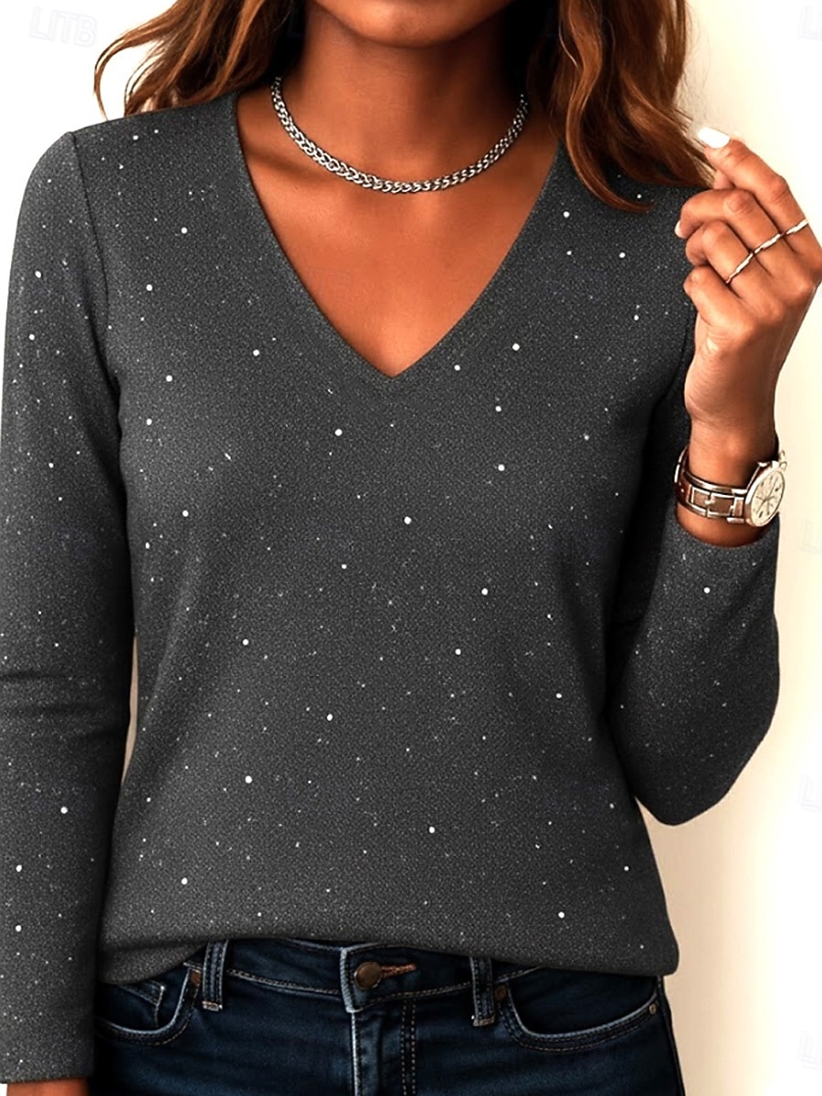Navidad Mujer Blusa Lentejuelas Color sólido Elegante Básico Casual Manga Larga Escote en Pico Tops regulares Diario Plata Negro Rojo Verde Trébol Primavera Otoño Invierno 2026 - $28.99 –P4