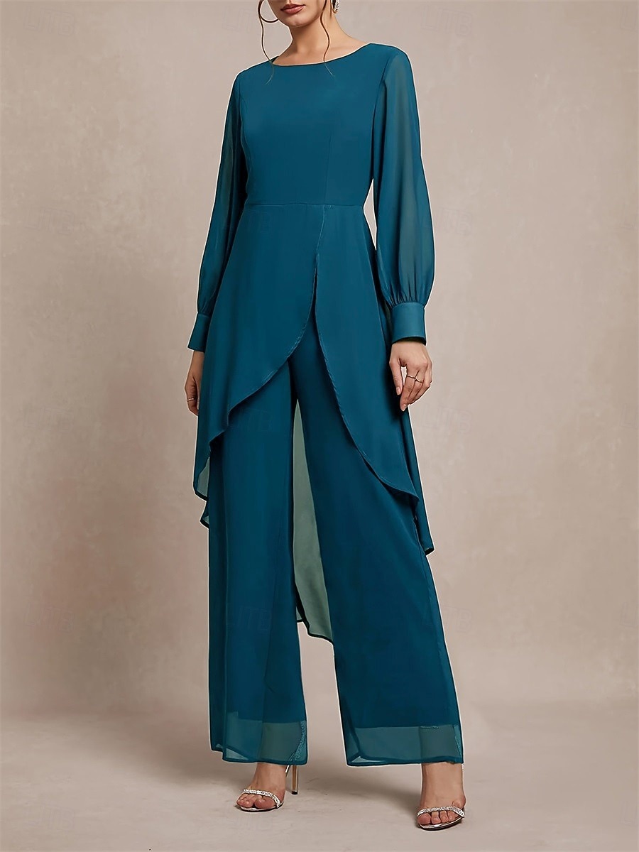 Buksedrakt Asymmetrisk Kjole til brudens mor Langermet Crew-hals Elegant Formell Bryllupsgjest Formell kveld Chiffon med Ensfarget 2026 - $160.99 –P4