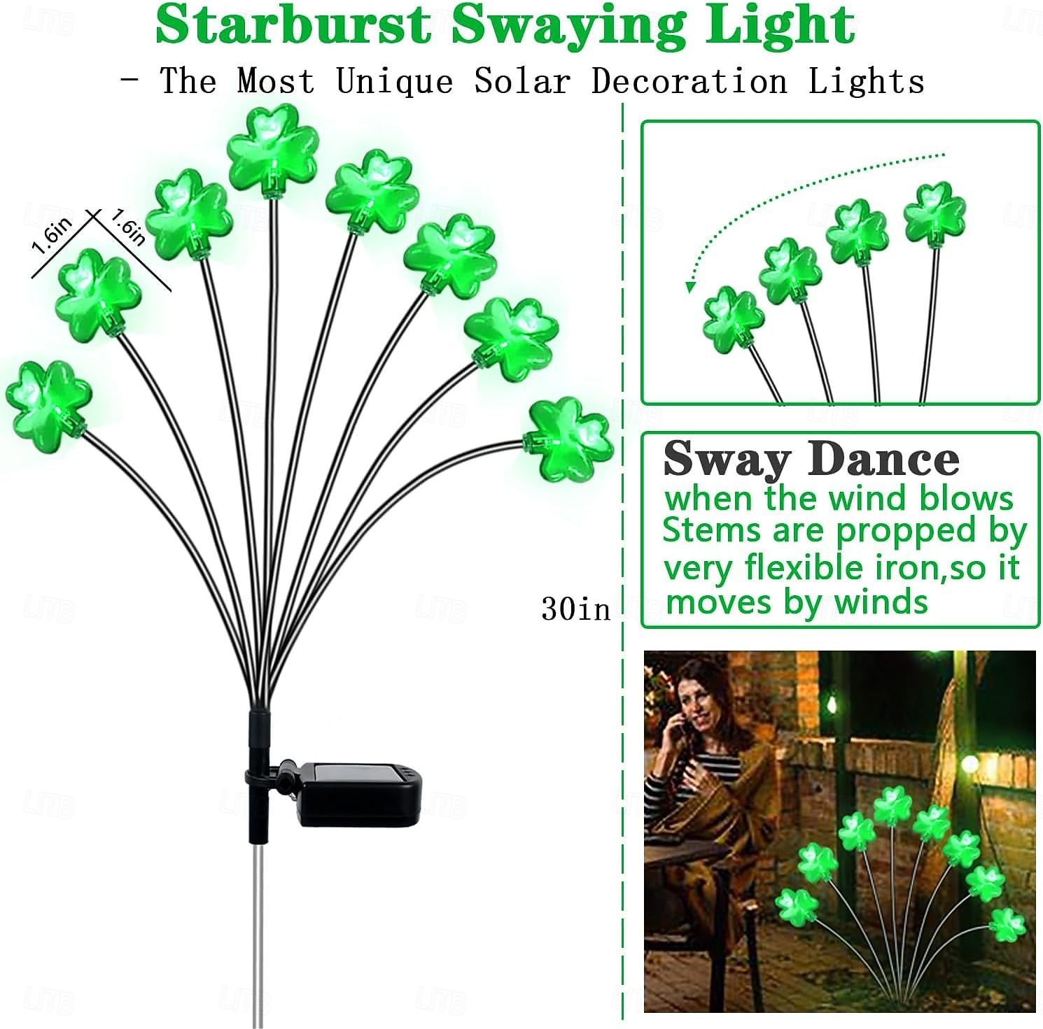 2 stuks buitenverlichting op zonne-energie met 8 klavertjes vier, St. Patrick's Day-thema, 76 cm hoog, geschikt voor tuin, gazon, tuinpad, feestdecoratie en een feestelijke sfeer. 2026 - $19.99 –P2
