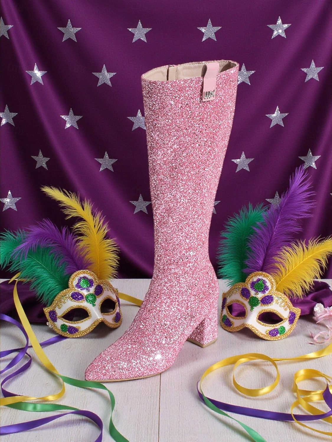 Kobiece różowe buty na kolano z brokatem i szerokimi obcasami – Iskrzące odważne oświadczenie mody idealne na karnawał festiwale i imprezy kostiumowe 2026 - $69.99 –P4