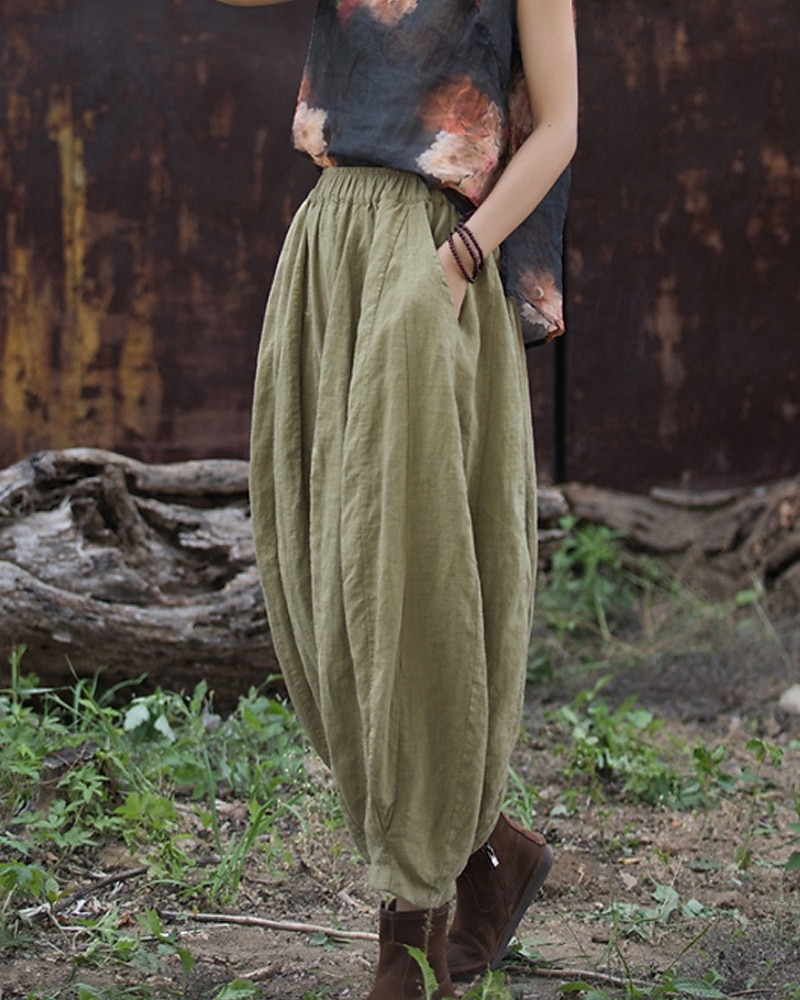 Pantaloni da donna in lino biologico con elastico in vita e tasche a lanterna del 2026 a $49.99 –P5
