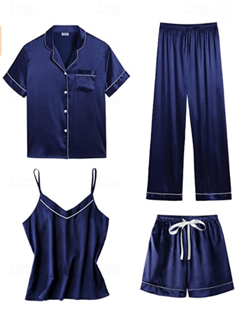 Dames Pyjama Loungewear Pyjamaset Warm Modieus Casual Heldere kleur Elastische taille Pantalon Korte broek Huis Vakantie Straat Lange mouw Overhemdkraag Zwart Wit Blozend Roze Marine Blauw Herfst 2026 - $32.99 –P2