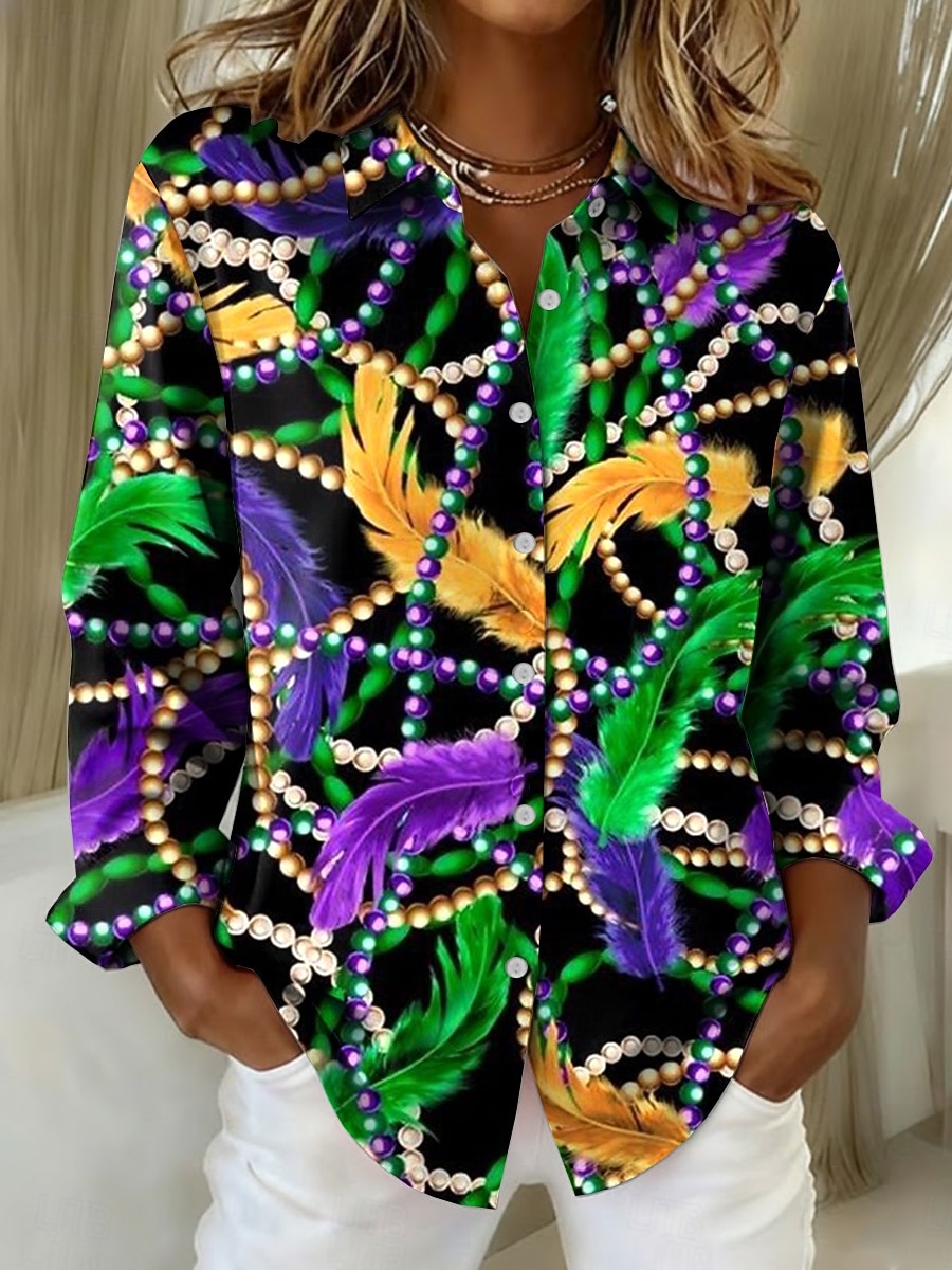 Karnival Damen Hemd Bluse Patchwork Knöpfe Druck Grafik Abstrakt Vintage Stilvoll Lässig Langarm V Ausschnitt Hemdkragen Normale Oberteile Täglich Schwarz Violett Purpur Grün Sommer Frühling Herbst 2026 - $32.99 –P3