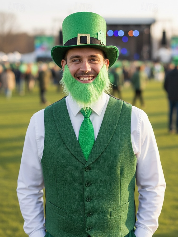 2026年 男性用聖パトリックの日のレプラコーンコスチュームアクセサリーセット、ポリエステル素材、バックル付きグリーンのトップハット、偽のひげ、蝶ネクタイとネクタイセット、パーティーや休日のお祝い  コレクション – $24.99 –P4