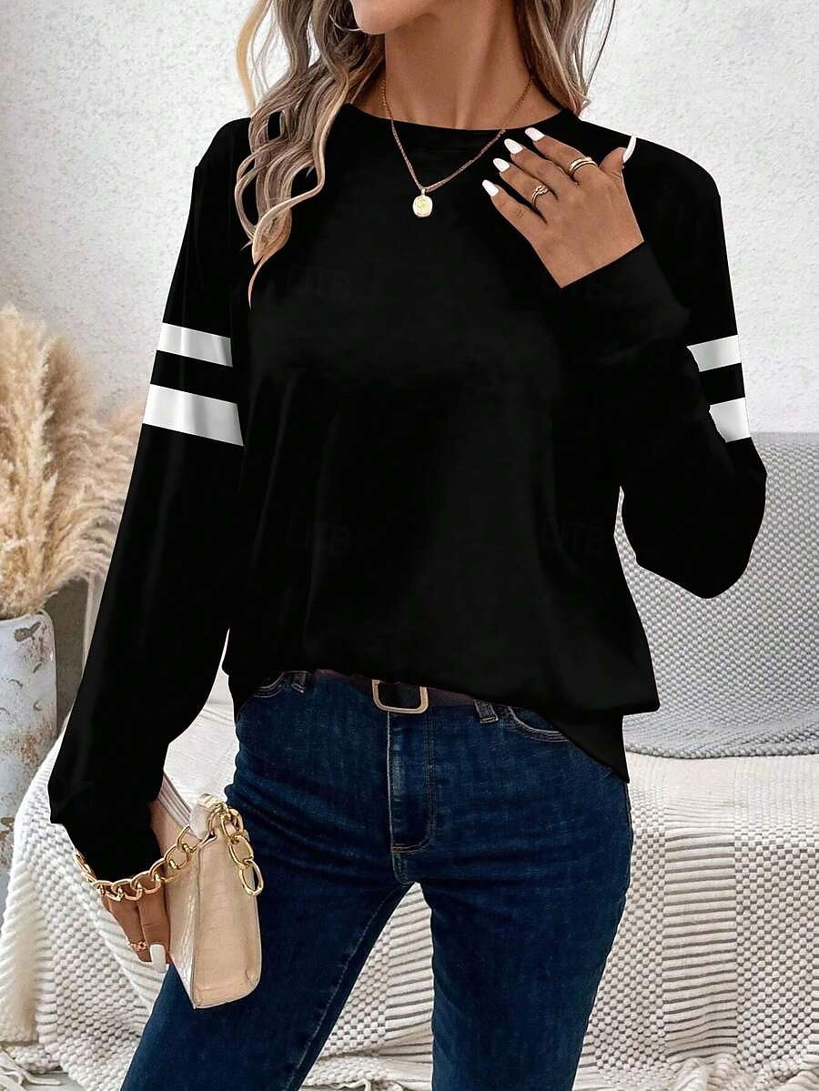 Per donna Maglietta Stampato Grafico A righe Moda Casual Manica Lunga Girocollo Top Regolari Quotidiano Weekend Nero Bianco Estate Primavera Autunno del 2026 a $24.99 –P4