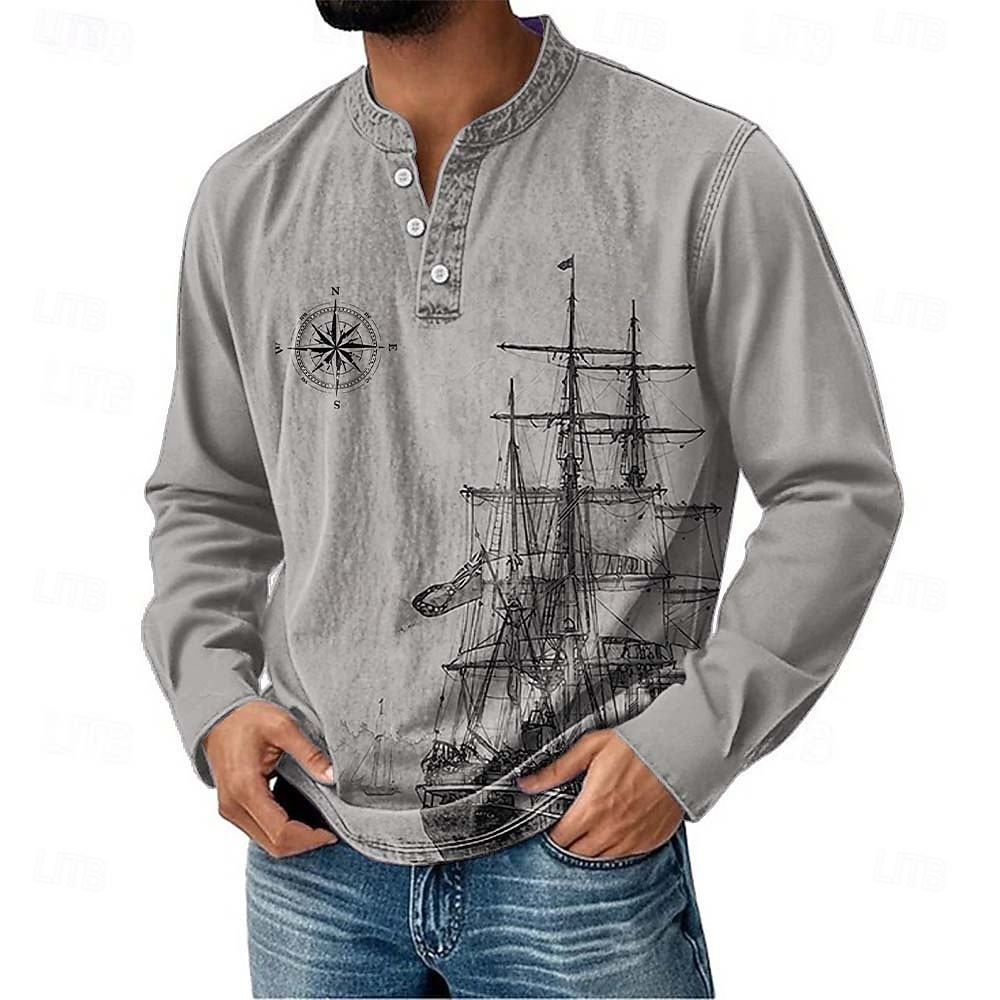 Herren Nautisch Segelboot Henley Hemd T-Shirt Langarm Täglich Retro Vintage Lässig Lässig Ferien Ausgehen Frühling Frühling & Herbst Ganzjahres Grau Hellblau Purpur Khaki Henley Henley T-Shirt 2026 - $20.99 –P4