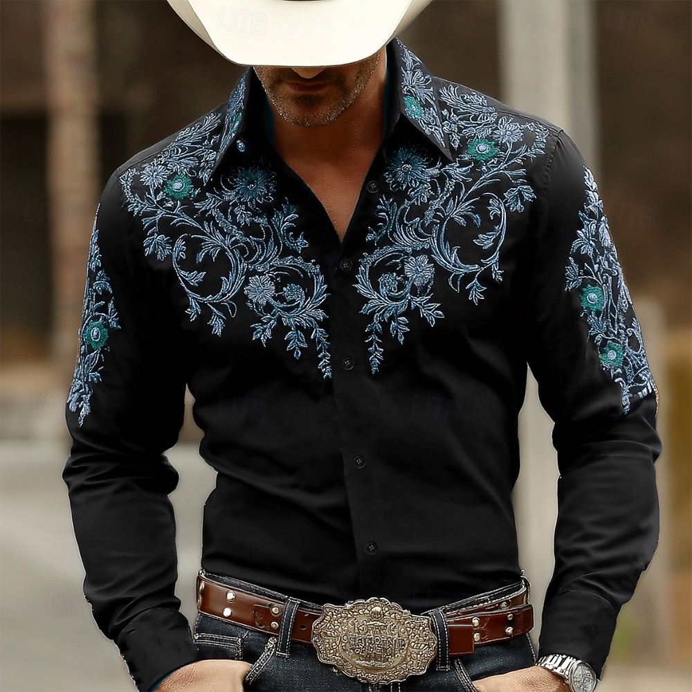 Men's Paisley Floral Print Ethnic Shirt Western Shirt Cowboy Shirt Long Sleeve Vintage Retro Casual Outdoor WorkWear Spring Fall Turndown 3D Print Button Up Shirts Black+ Khaki Black / Green Black 2026 - $27.99 –P2