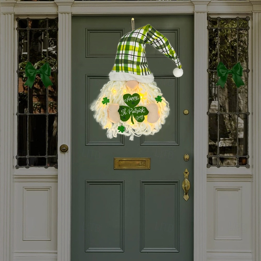 Szent Patrik-napi ír koszorú LED-es fényekkel, lóhere, arctalan baba, törpe dísz, 60x30cm, beltéri/kültéri veranda, fali dekoráció, nappali, étkező, parti ünnepi dekoráció 2026 - $17.99 –P6