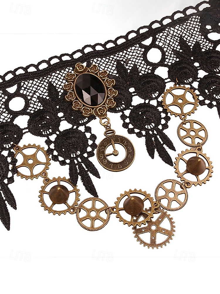 2026年 ウィメンズ マルディグラ ブラック レース スチームパンク チョーカーネックレスとブレスレットセット - ゴシックコスプレ、カーニバル、ハロウィンコスチューム用の合金ギアと時計ペンダント  コレクション – $18.99 –P9