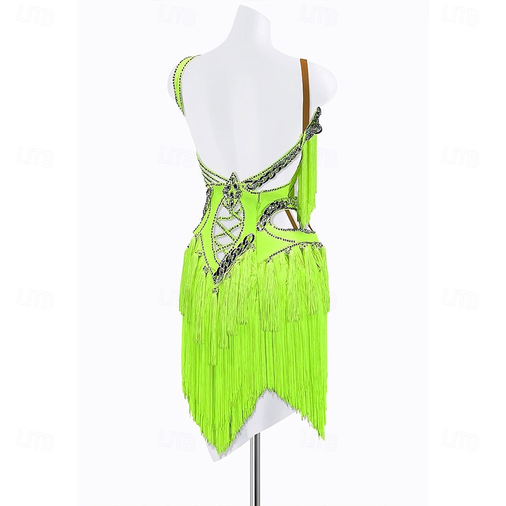 Women's Neon Green Rhinestone Fringe Latin Dance Dress - One Shoulder Cutout Asymmetrical Ballroom Performance Costume 2026 - $292.49 –P3