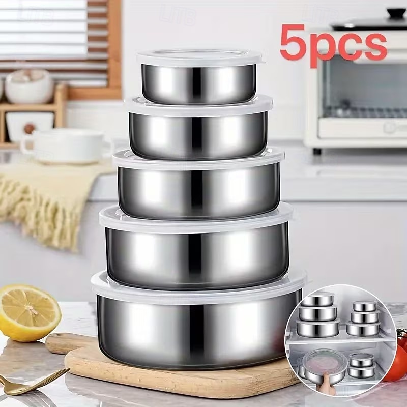 5 stk. fargekodede lokk lufttett matoppbevaringsbeholdersett med lokk - kraftige stabelbare spiskammersorganisatorer, plassbesparende kjøkken &kjøleskapsbeholdere for matlaging, rester, frukt, 2026 - $16.99 –P1